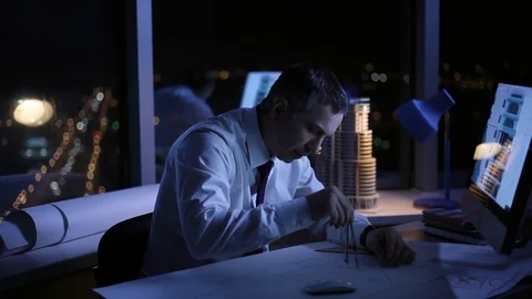 Architect Working Late in the Evening Stock Footage 95168442