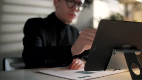 Architect Working In Office. Draws With Pen Or Tools On Tablet. Business Stock Footage 132837205