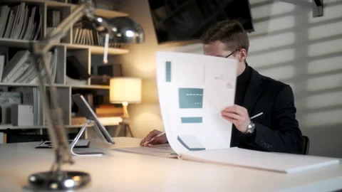 Architect Working In Office. Draws With Pen Or Tools On Tablet. Business Stock Footage 132839285