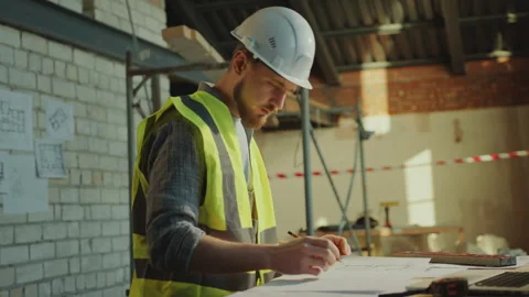 Architect Working with Paper Floor Plans at Construction Site Stock Footage 273483240