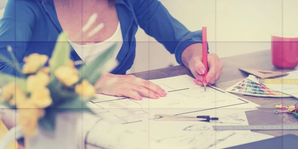 Architect working on plans, geometric pattern Stock Photos