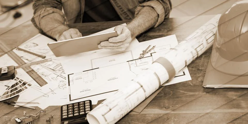 Architect working on plans, geometric pattern Stock Photos
