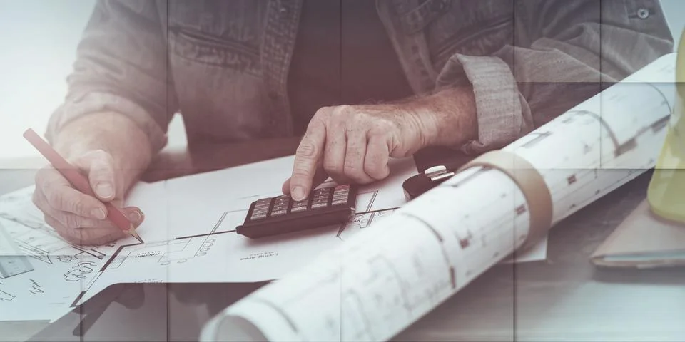 Architect working on plans, geometric pattern Stock Photos