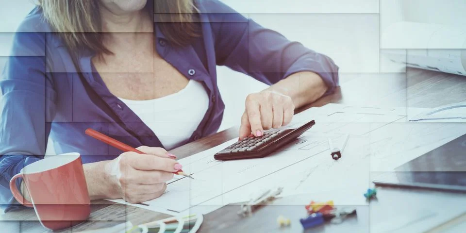 Architect working on plans, light effet, geometric pattern Stock Photos