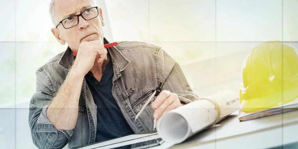 Architect working on plans, light effet, geometric pattern Foto stock