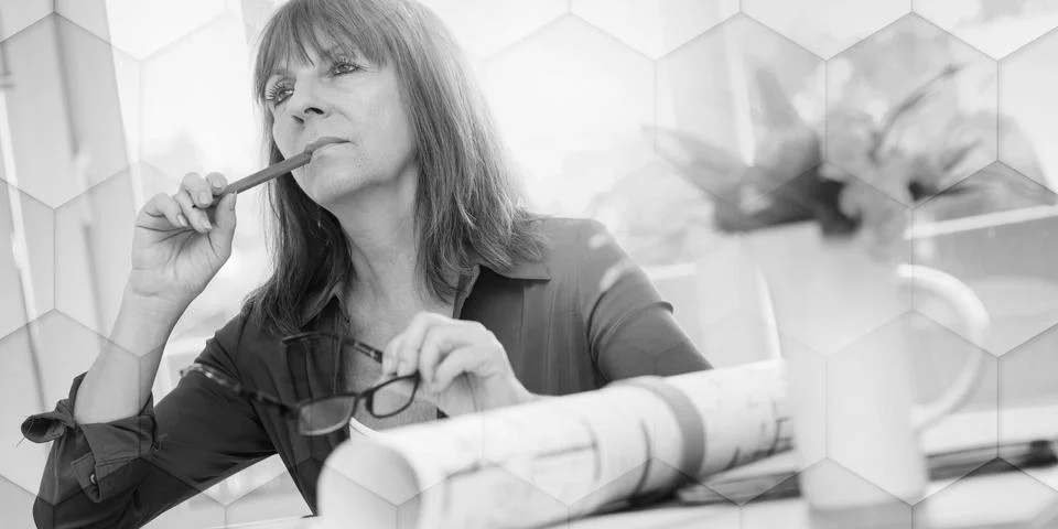 Architect working on plans, light effet, geometric pattern Stockfoto's