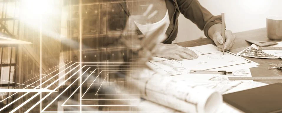 Architect working on plans; multiple exposure Stock-Fotos