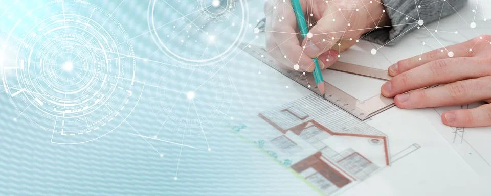 Architect working on plans; panoramic banner Stock Photos