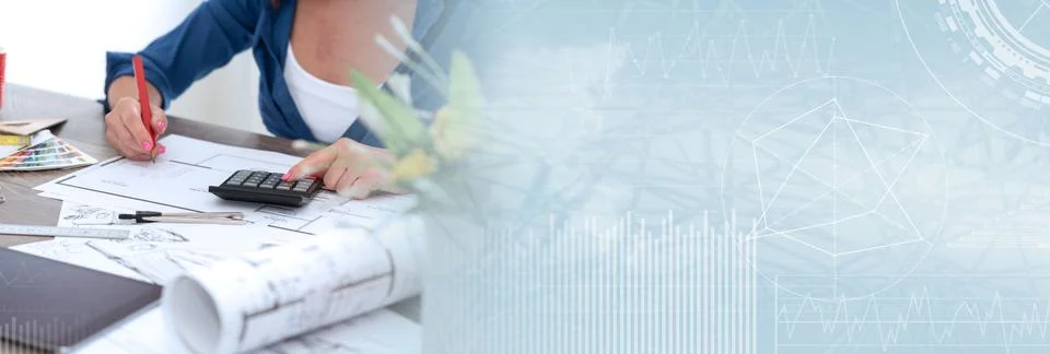 Architect working on plans; panoramic banner Stock Photos