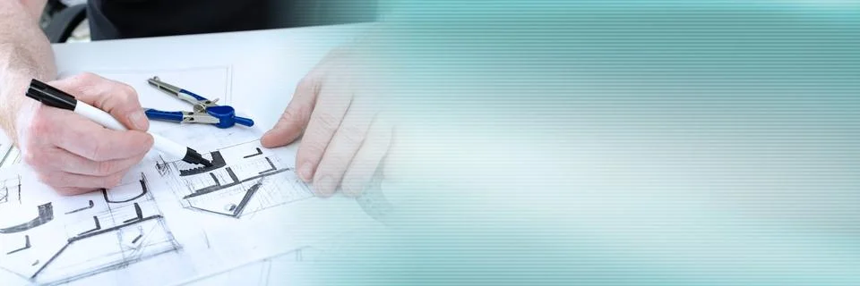 Architect working on plans; panoramic banner Stock Photos