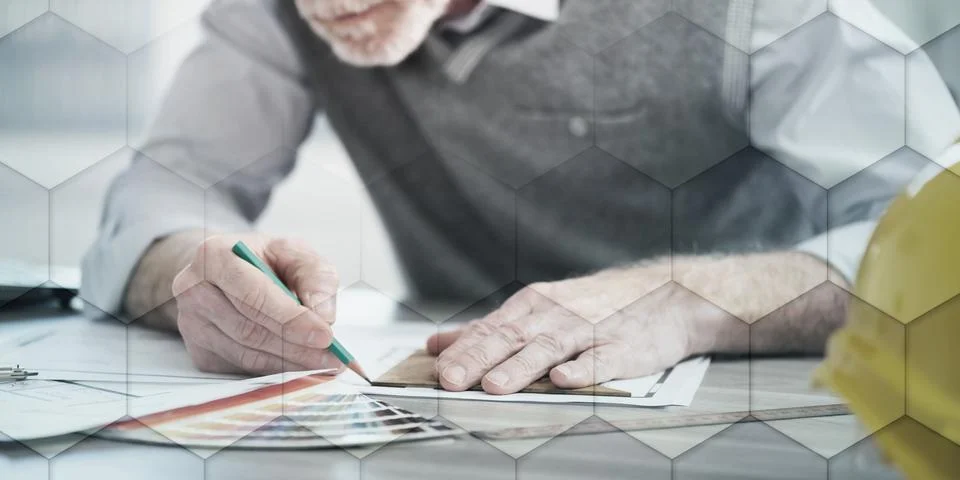 Architect working on a project, geometric pattern Stock Photos