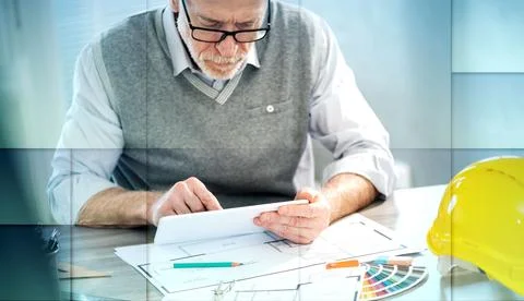 Architect working on a project, geometric pattern 스톡 사진