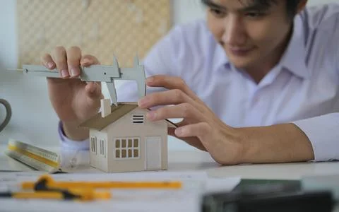 Architect working on project in office for architectural plan. Stock Photos