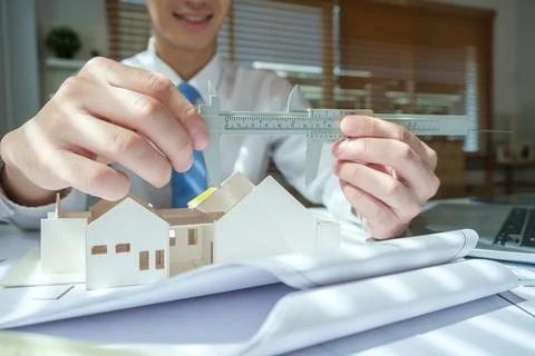 Architect working on project in office for architectural plan. Stock Photos