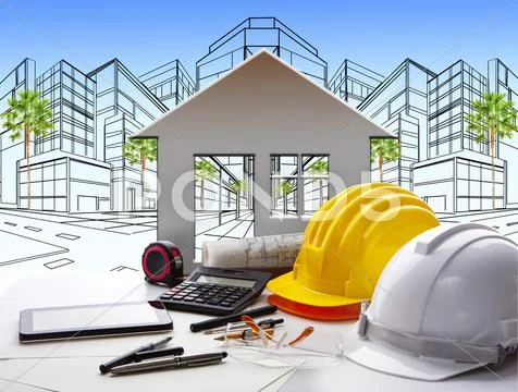 Architect working table with construction industry and engineer working tool Stock Photos