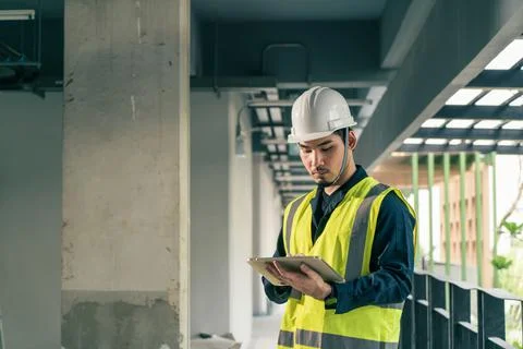 Architect working use BIM technology and digital construction application on  Stock Photos