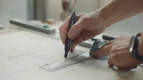 Architect in the workplace drawing blueprint of new construction plan project, 스톡 동영상 336573270
