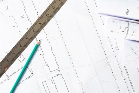 Architect workplace top view. Architectural project, blueprints, blueprint ro Stock Photos
