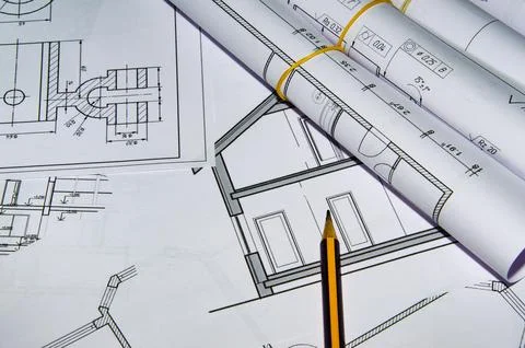 Architect workplace top view. Architectural project, blueprints, blueprint ro Stock Photos