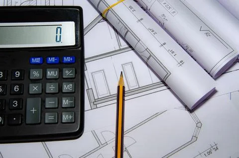 Architect workplace top view. Architectural project, blueprints, blueprint .. Stock Photos