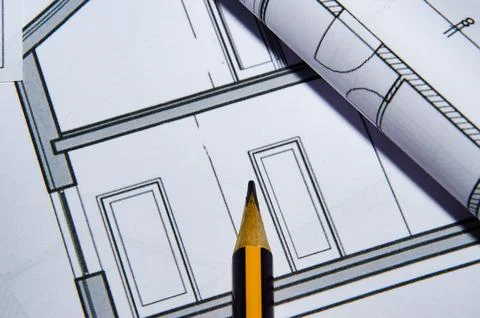 Architect workplace top view. Architectural project, blueprints, blueprint .. Stock Photos