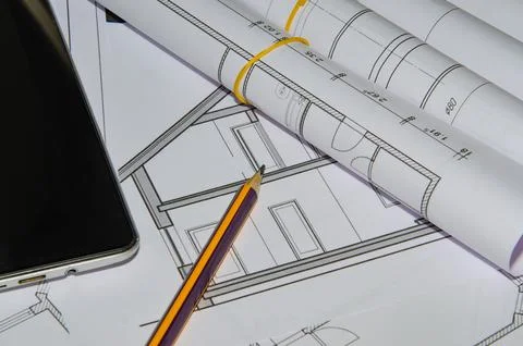 Architect workplace top view. Architectural project, blueprints, blueprint .. Stock Photos