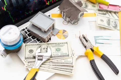 Architect workplace top view. Architectural project, blueprints and Engineering Stock Photos