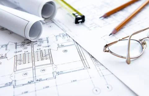 Architect workplace top view Stock Photos