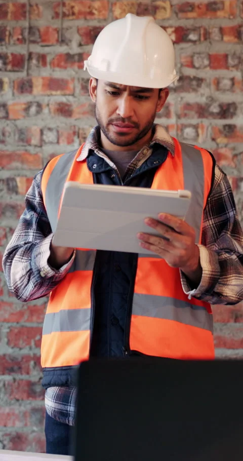 Architect, worried and man with tablet in building, information and inspection Stock Footage 336241194