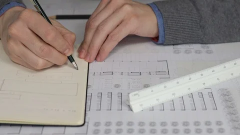 Architect writing down measurements in his notebook Stock Footage 125873064