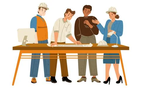 Architects and builders learn house plan on desk Stock Illustration