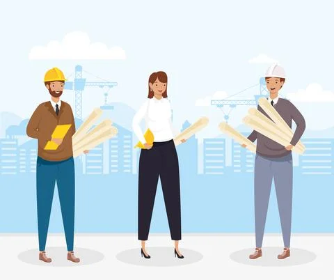 Architects and engineer people with helmets and plans at city vector design イラスト素材