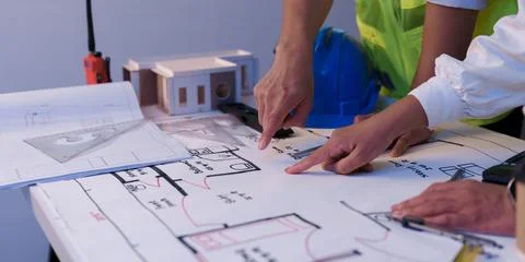 Architects and engineers pointing at blueprint floor plan during project Stock Photos