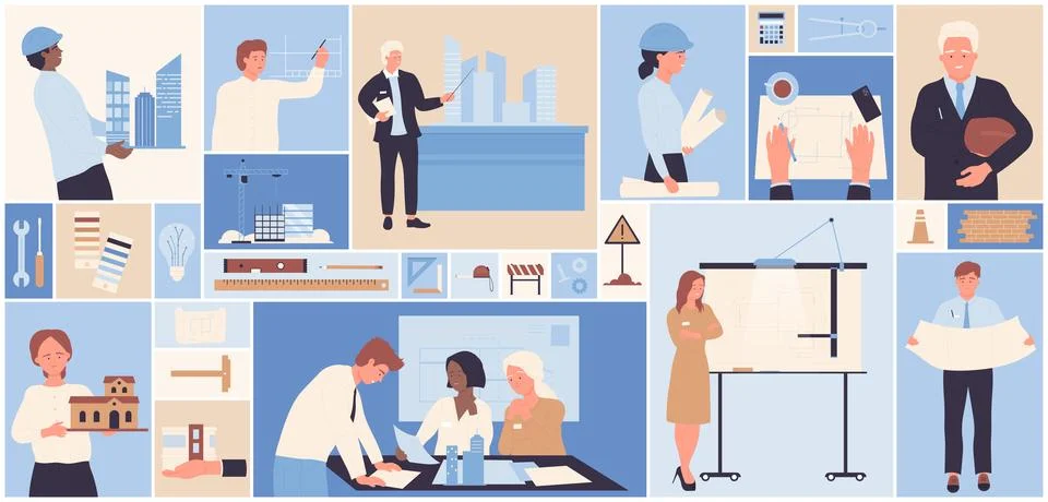 Architects and engineers work on construction projects square collage set vector Ilustração Stock