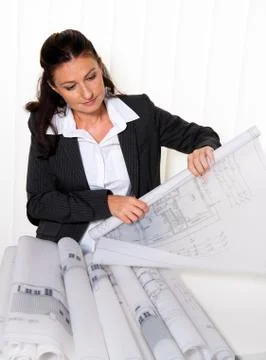 Architects with blueprint Stock Photos