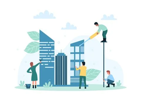 Architects building model of skyscraper, tiny engineers working on town Ilustración de archivo