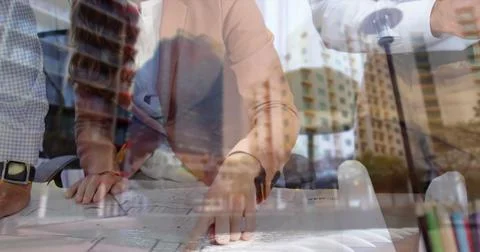 Architects collaborating on blueprints in modern office, planning urban 库存插图