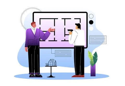 Architects discussing building blueprint on interactive display. Ilustración de archivo