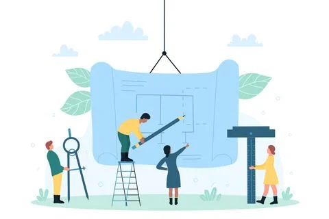 Architects drawing plan blueprint of building on paper roll, designers planning Ilustración de archivo