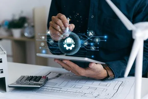 Architects engineer using tablet with home design combined. Stock Photos