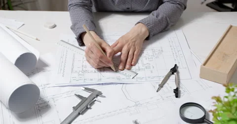 The architect's hands are working with blueprints at the desk.  Stock Footage 166387883