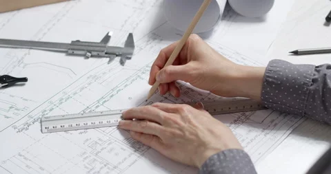 The architect's hands are working with blueprints at the desk. An engineer draws Stock Footage 166387953