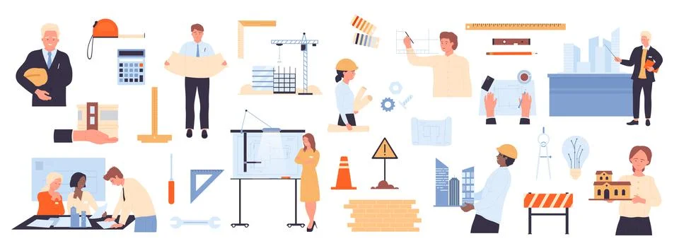 Architects job and projects set, engineers and employees of construction company Stock Illustration