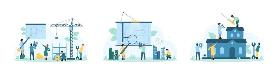Architects job set set, tiny people draw blueprint, civil engineers working on Stock Illustration