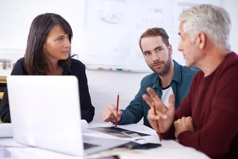 Architects, laptop and problem solving with office, diversity and meeting and Stock Photos