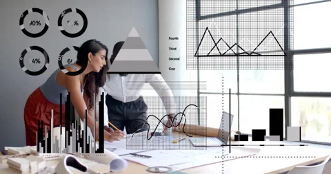 Architects marking details on plans while activating charts and pyramid Stock Footage 314398032