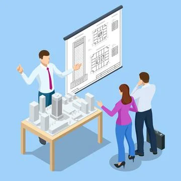 Architects in office looking at construction project Isometric Concept Stock Illustration