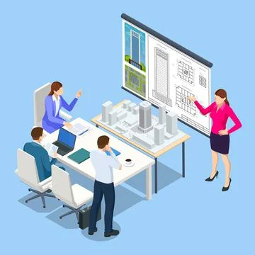 Architects in office looking at construction project Isometric Concept Stock Illustration