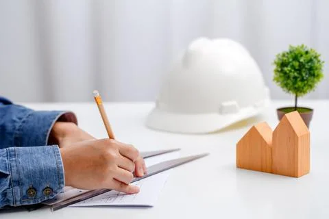 Architects or Engineer are using ruler  tools to measure distance from floor  Stock Photos