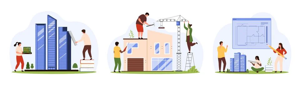 Architects plan to build house set, tiny people develop city architecture and Stock Illustration